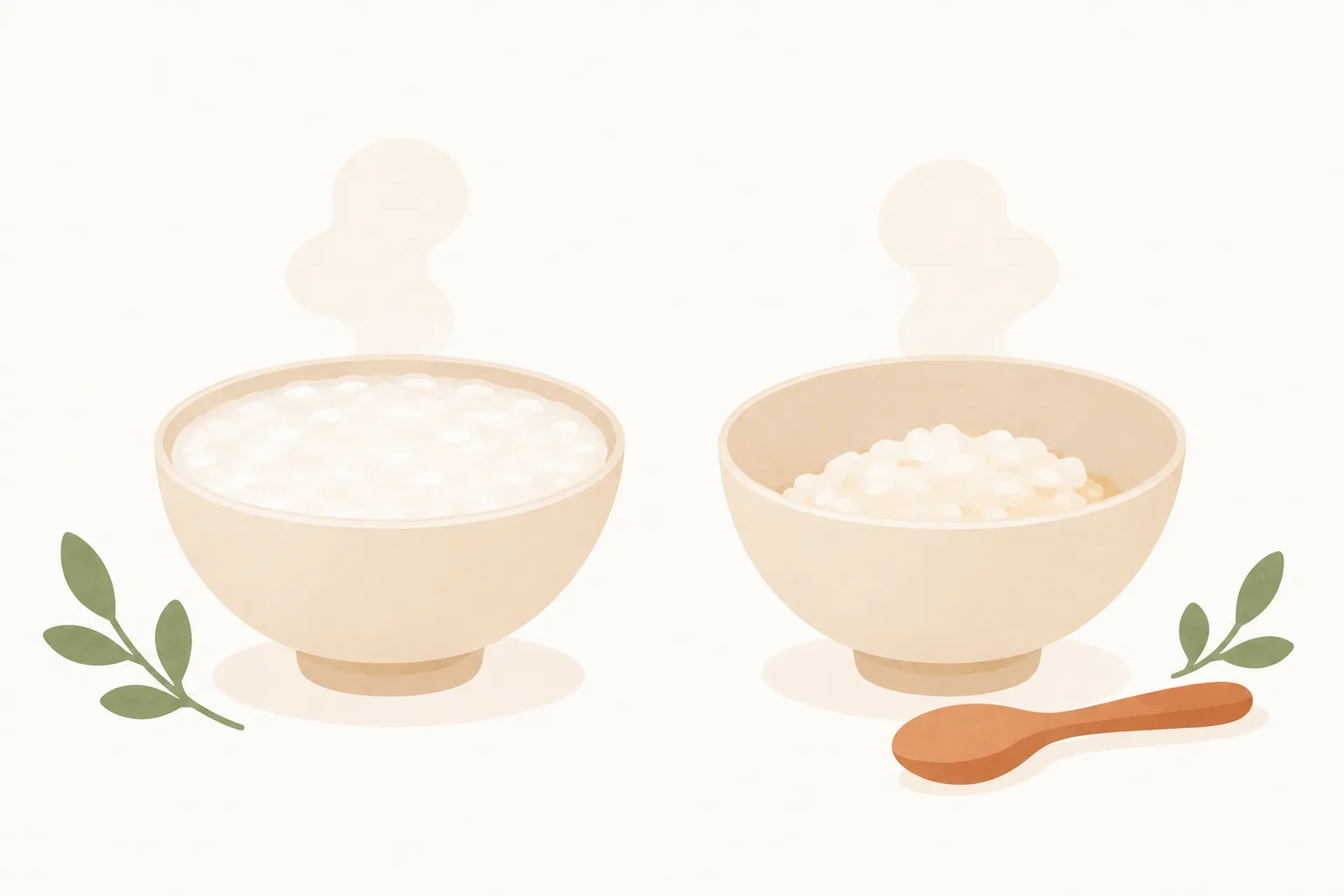 薄いおかゆと濃いおかゆの器を並べたイラスト