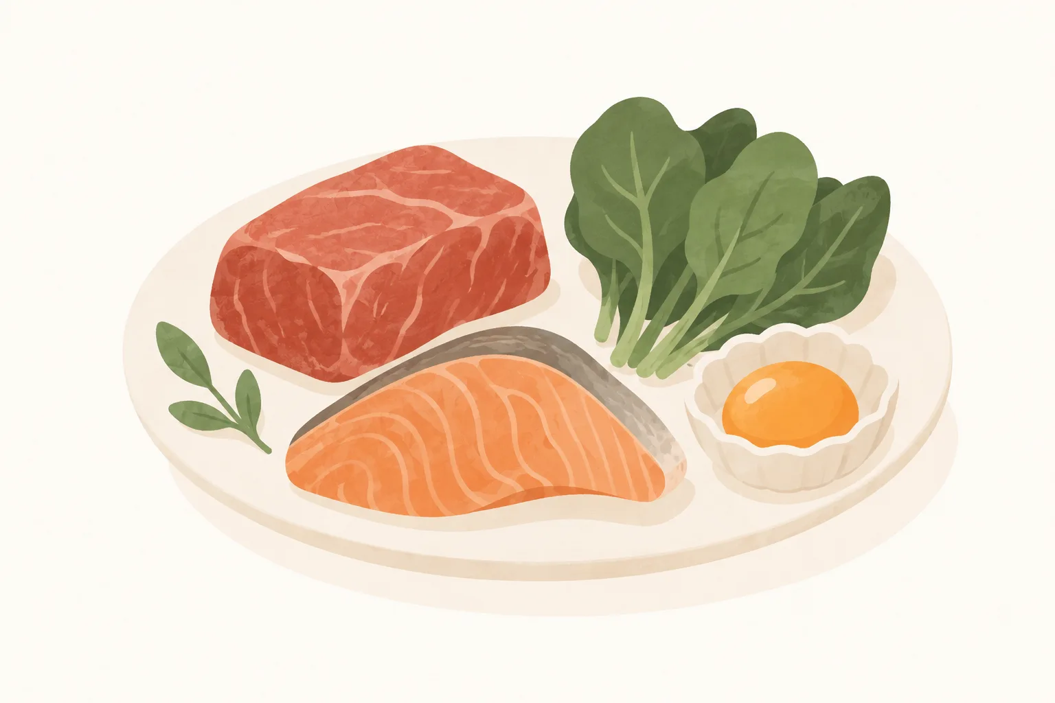赤身肉・鮭・ほうれん草・卵黄が並んだお皿のイラスト
